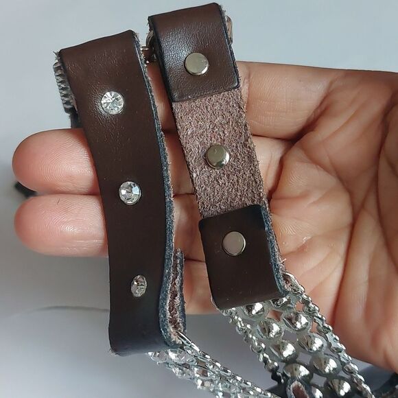Size 38 Genuine Brown Leather and Rhinestone Paved Silver Tone Panel Linked Belt - Picture 3 of 6